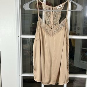 Ice Bird Flowy Champagne Satin Lace Cami Tank Top Small Gold Coquette Y2K Bridal